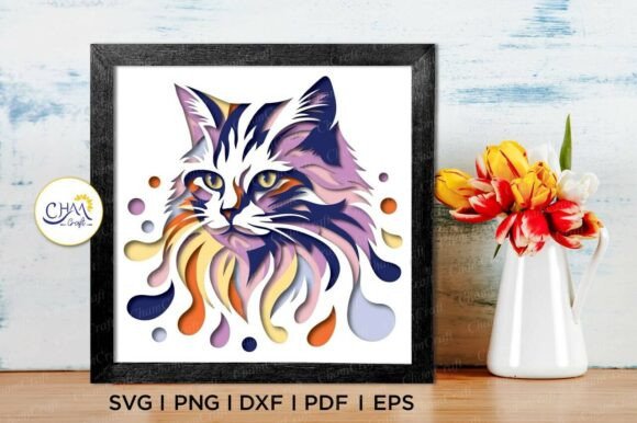 3D Cat Sunflower Shadow Box SVG
