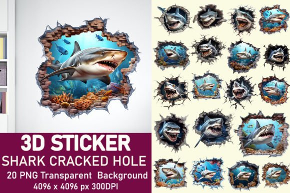 3D Shark Cracked Hole Stickers Graphics for Crafts