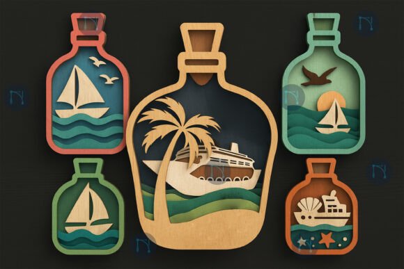 3D Ship in a Bottle Ocean Sea SVG Bundle: Laser Cutting and Summer Design