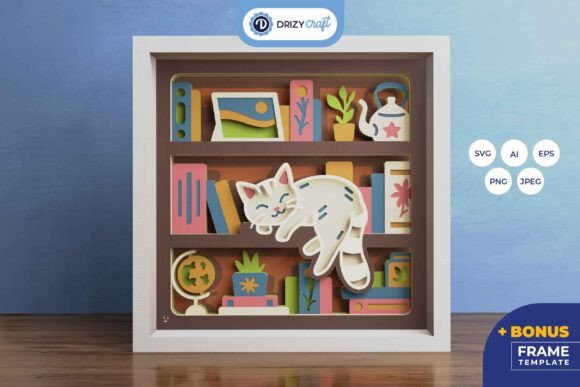 Sleeping Cat on Bookshelf 3D Layered: A Review for Shadow Boxes and 3D SVG Creators