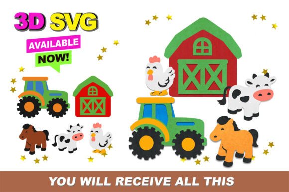 Tractor Farm Elements 3D SVG Graphics for Crafts